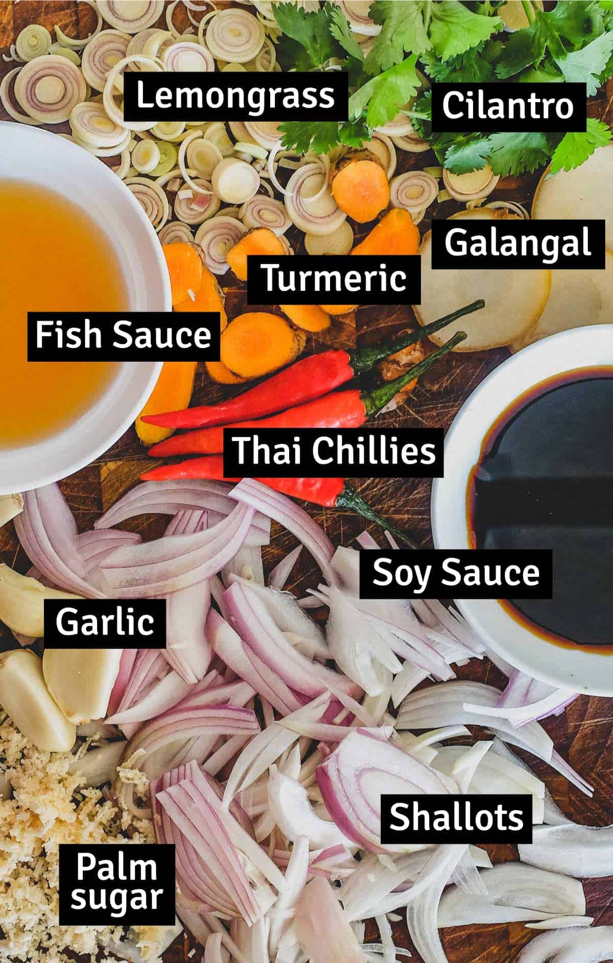 The ingredients for Thai-Style Grilled Chicken (Gai Yang) including Lemongrass, galangal, fish sauce and palm sugar.