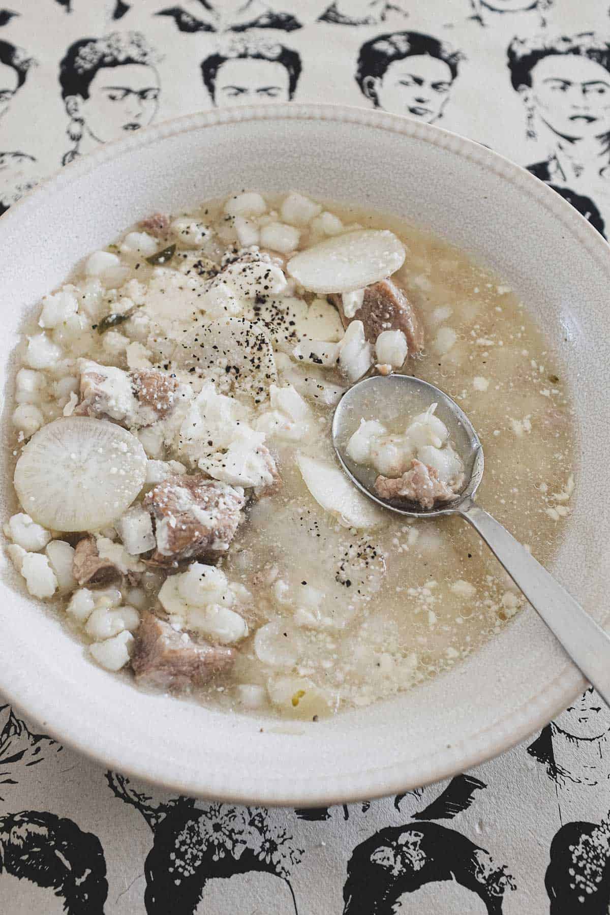 a bowl of Mexican Pozole Blanco soup