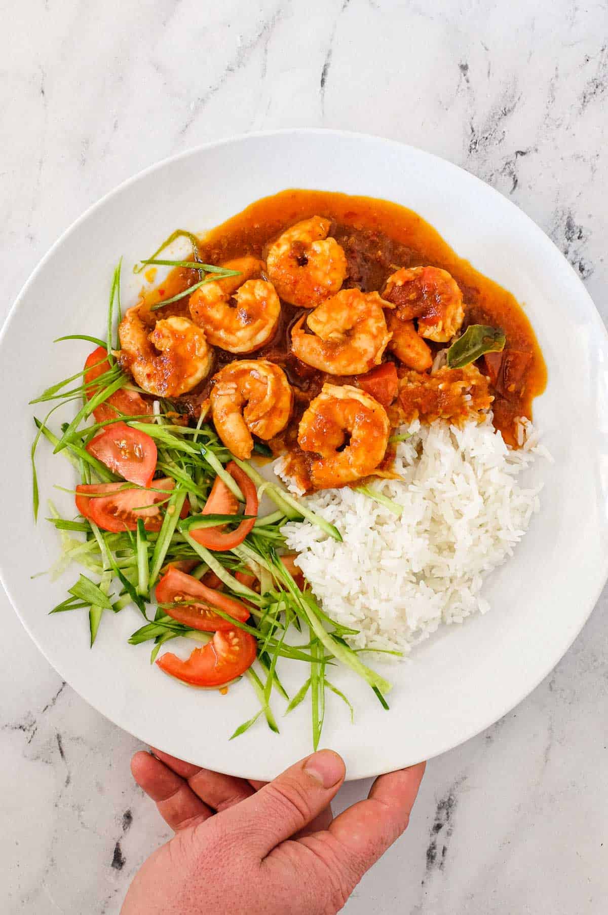 A plate of Sambal Udang (Sambal Prawns) with rice and a salad