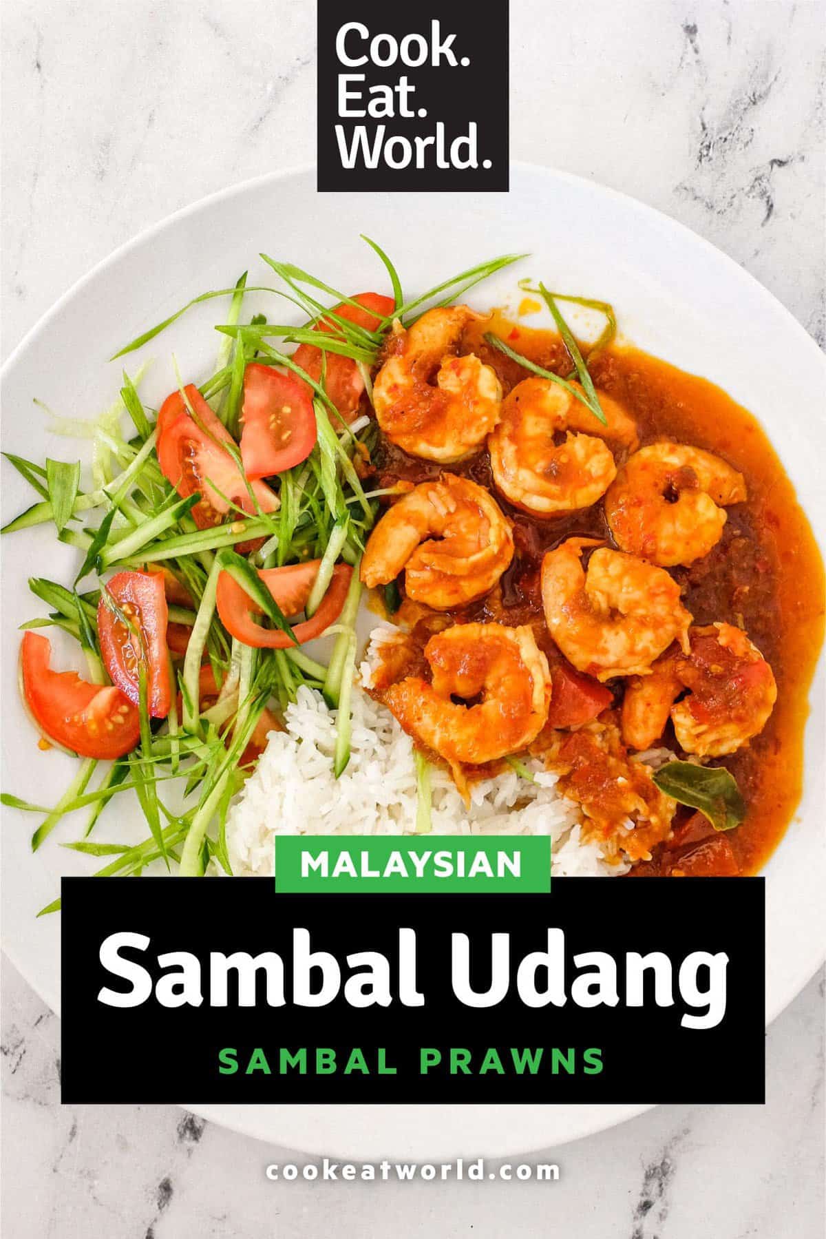 A plate of Sambal Udang (Sambal Prawns) with rice and a salad