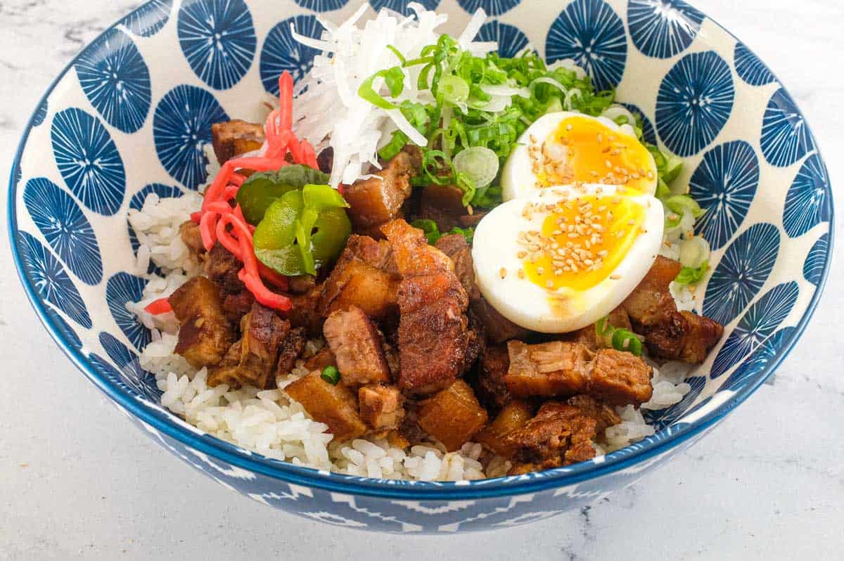 A Japanese pork rice bowl with chopsticks pork, spring onion, egg, radish and pickles.