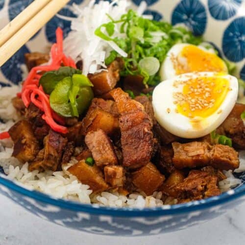 A Japanese pork rice bowl with chopsticks pork, spring onion, egg, radish and pickles.