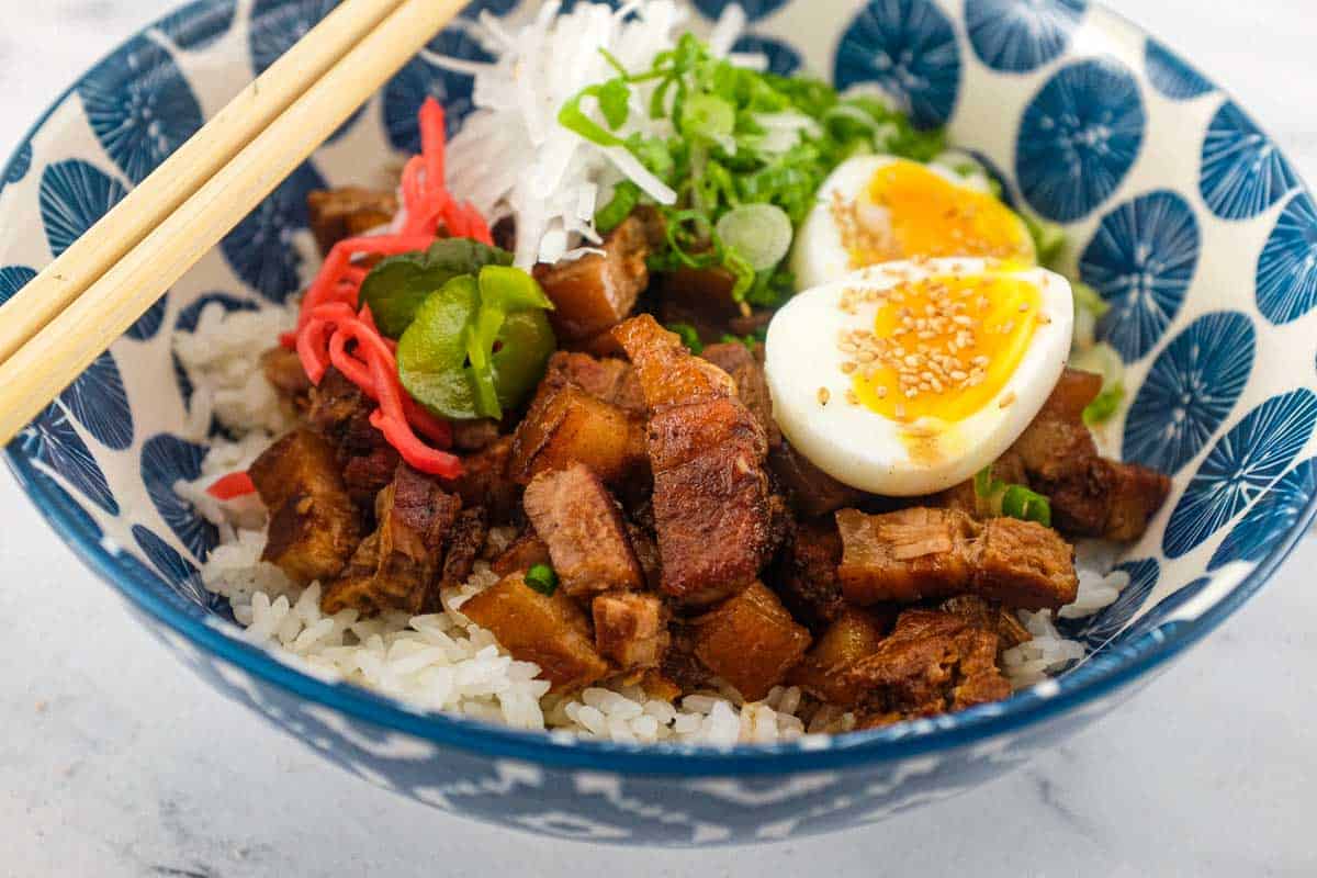 A Japanese pork rice bowl with chopsticks pork, spring onion, egg, radish and pickles.