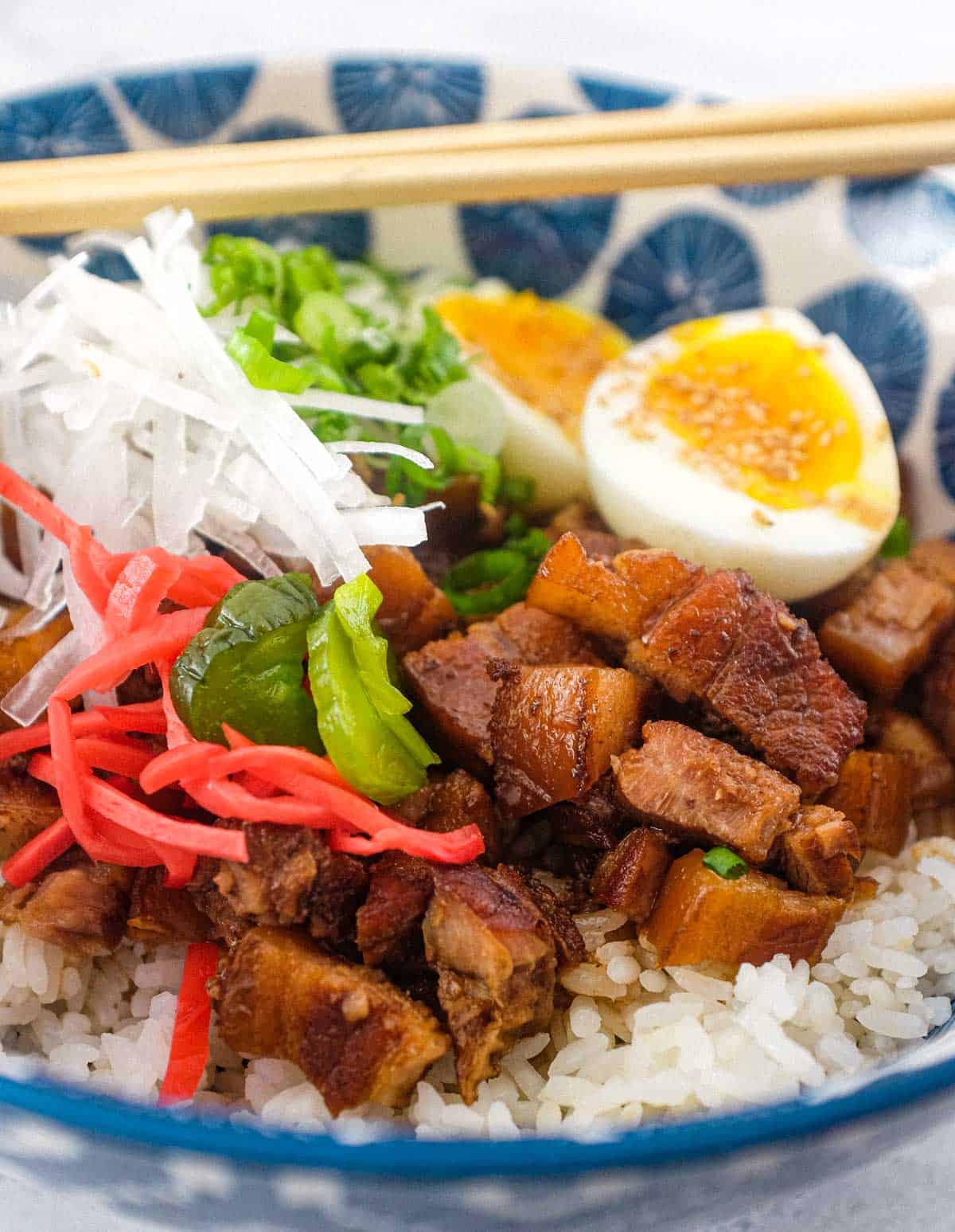 A Japanese pork rice bowl with chopsticks pork, spring onion, egg, radish and pickles.