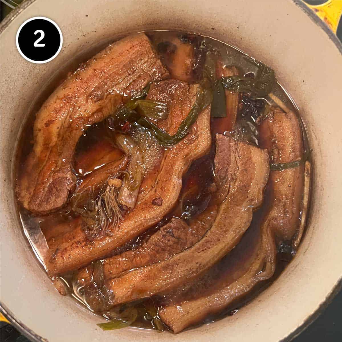 Braising the pork belly for Chashu Don (Japanese Pork Rice Bowl)