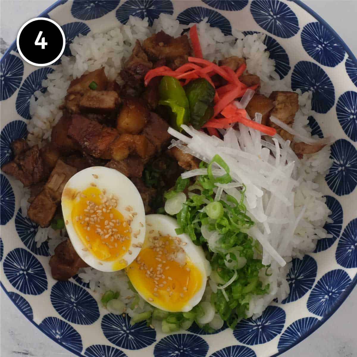 Garnishing the pork belly for Chashu Don (Japanese Pork Rice Bowl)