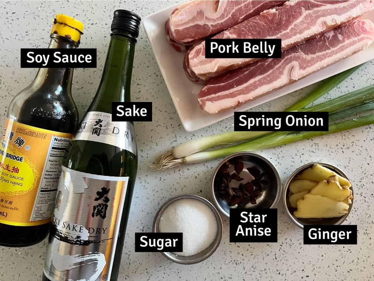 The ingredients for Chashu Don (Japanese Pork Rice Bowl)