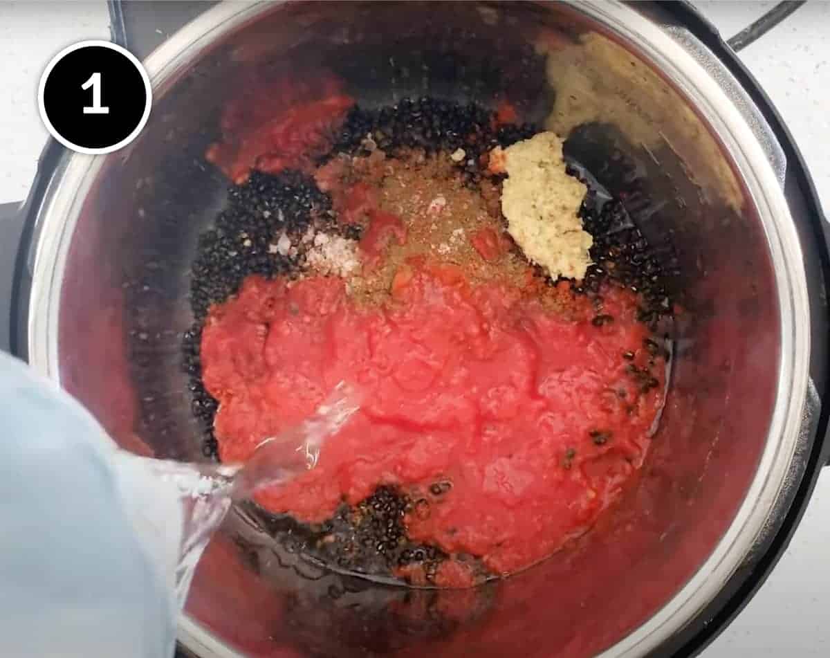 Instant Pot Dal Makhani | cookeatworld.com Adding all the lentils, spices and tomato and more with water to the Instant Pot for Instant Pot Dal Makhani