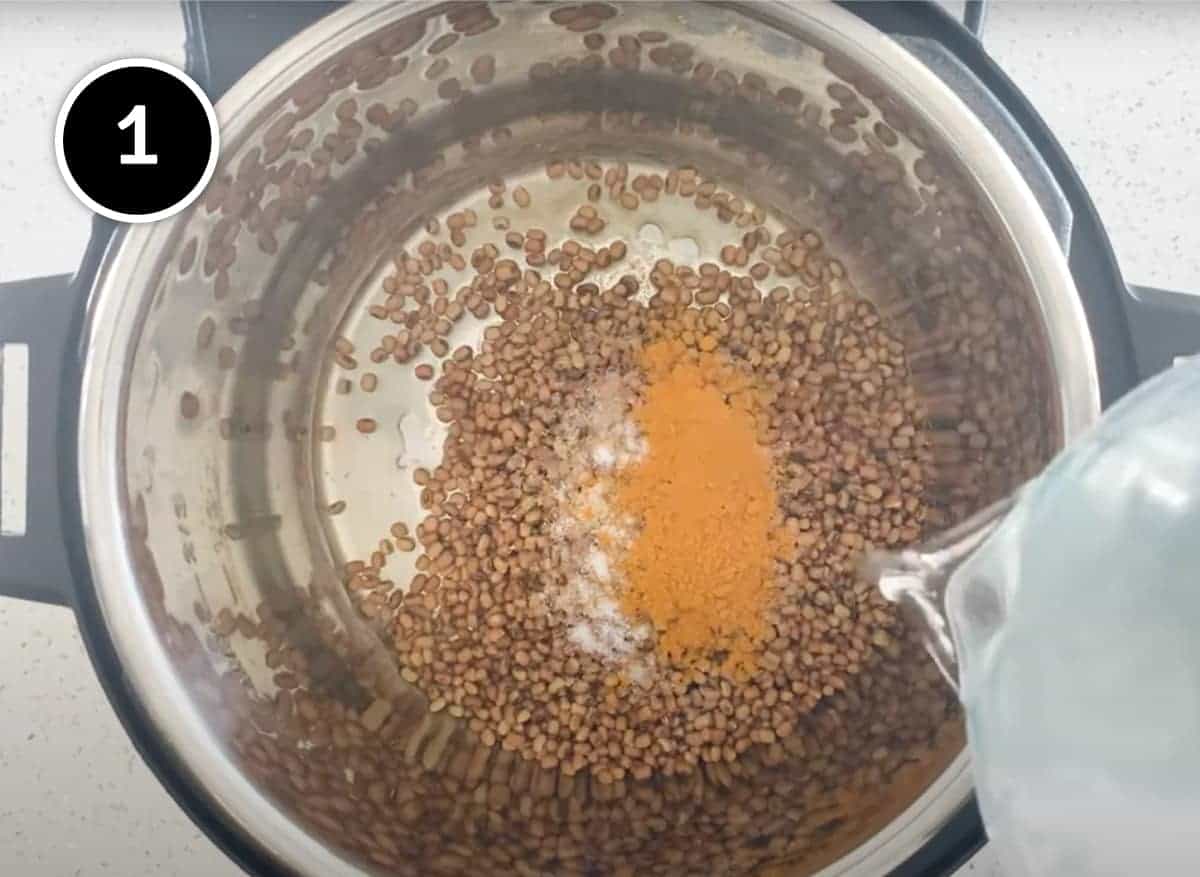 Adding moong dal and turmeric to an instant pot with water for Red Moong Dal Curry