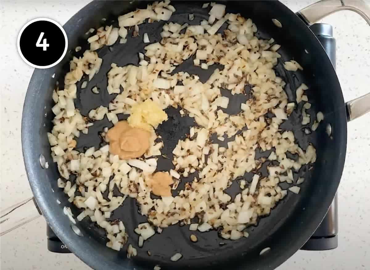 Frying onion, garlic and ginger for a Red Moong Dal Curry