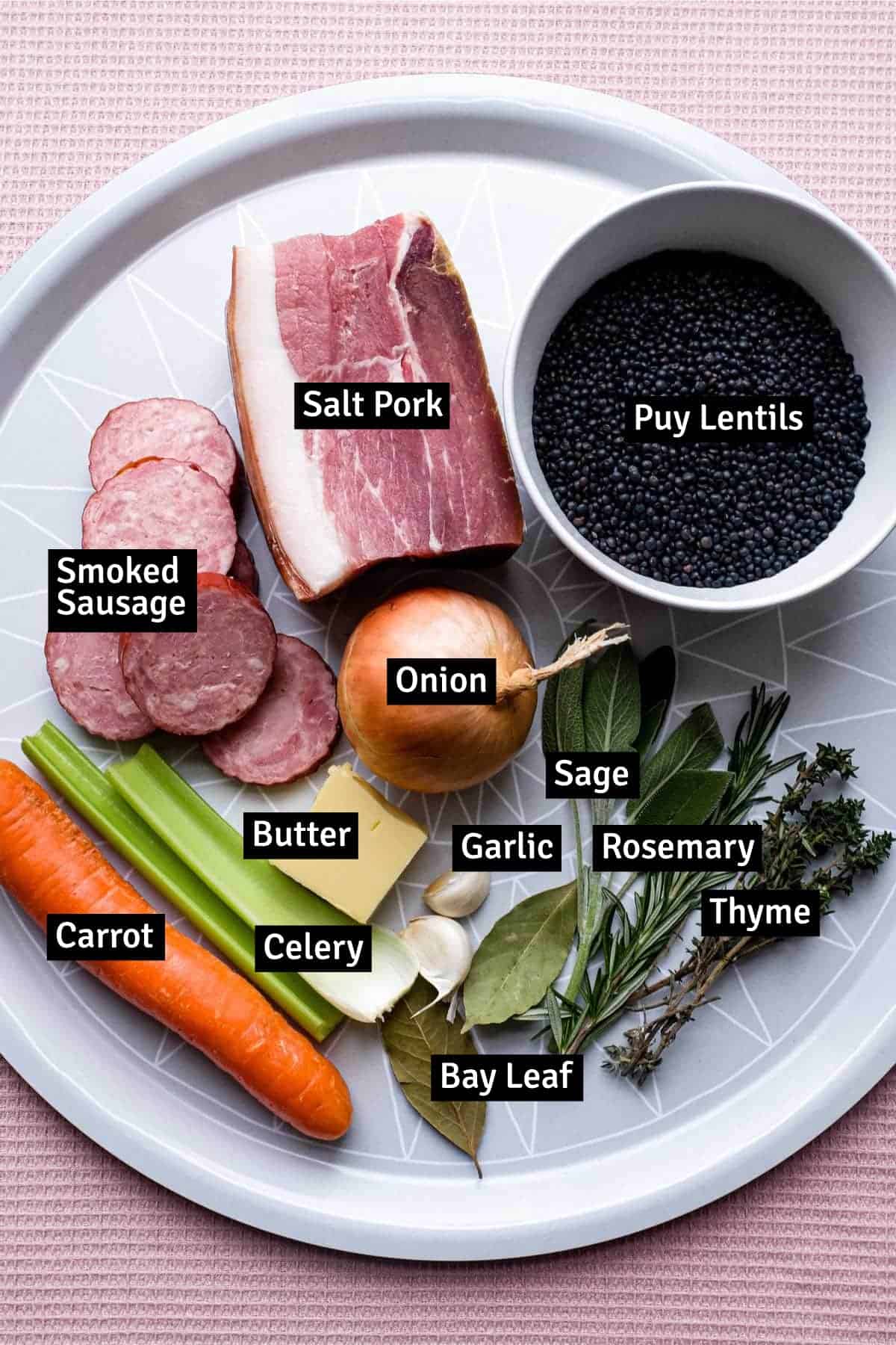 The ingredients for Salt Pork with Puy Lentils (Petit Sale aux Lentilles)