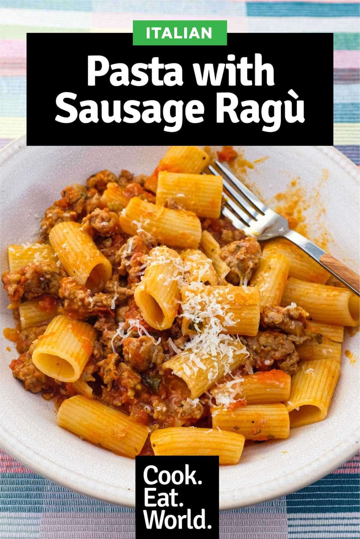 Rigatoni pasta in a bowl with sausage cooked in tomato sauce