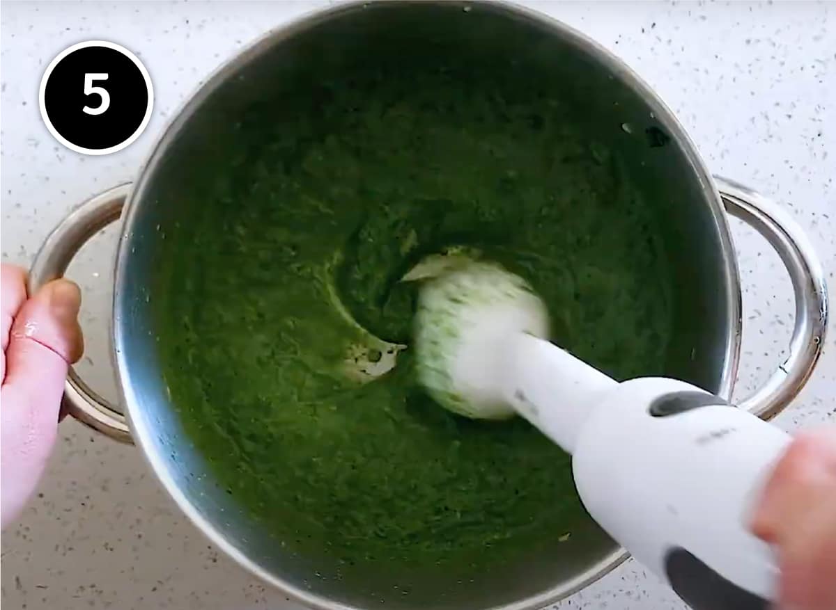 Making a puree of the cooked cabbage for Pasta with Cavolo Nero & Almonds