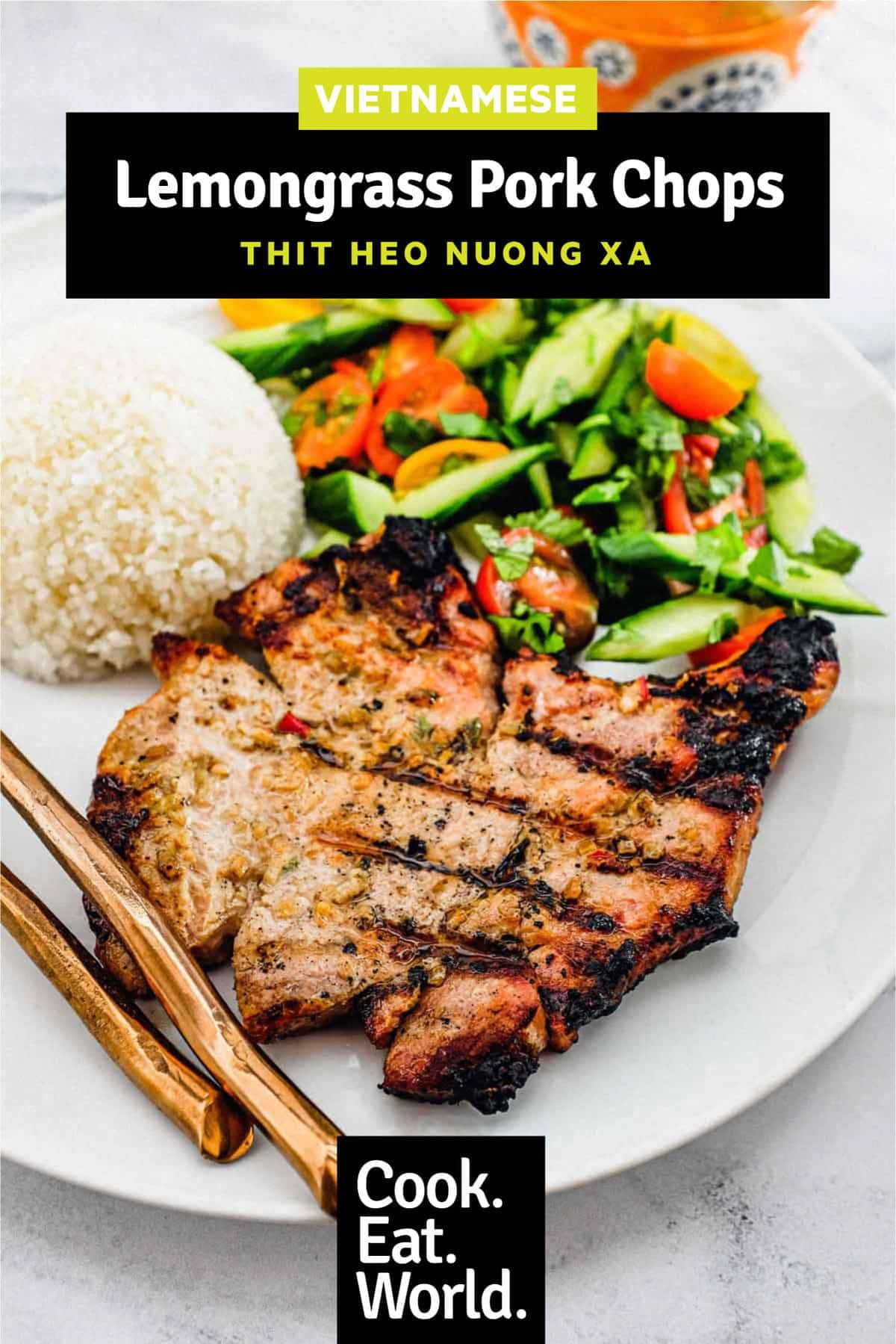 Pork chops marinated in lemongrass and other aromatic Vietnamese ingredients. Served with a simple salad of cucumber, tomato and herbs. A Nước chấm dipping sauce accompanies.