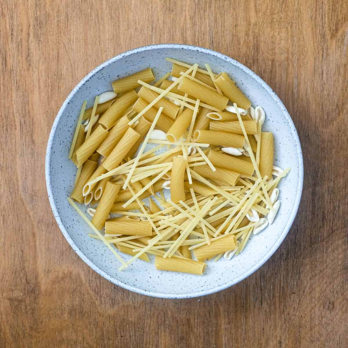 Mixed dry paste in a bowl for Pasta with Potatoes (Pasta e Patate)