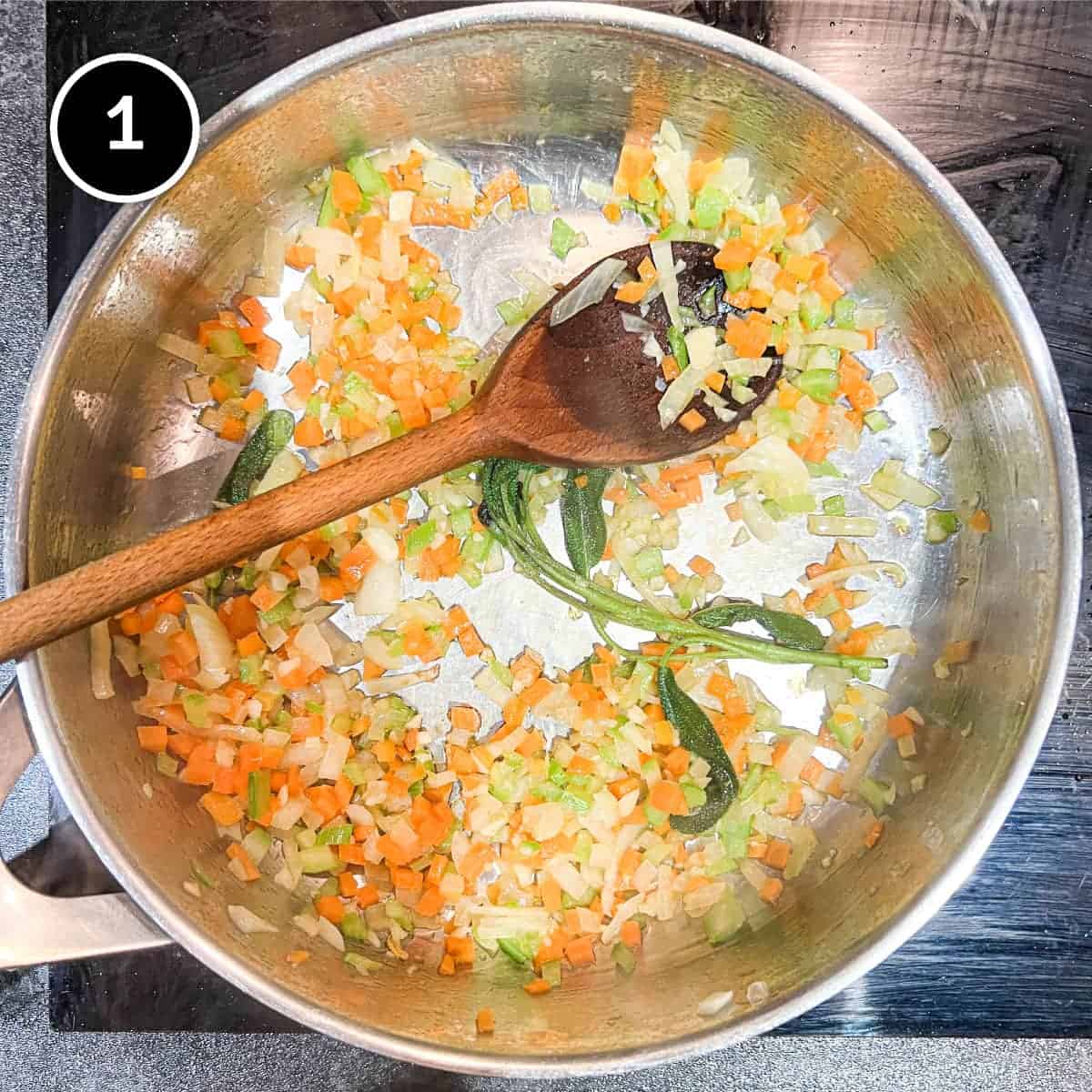 Frying the sofrito with sage for Pasta with Potatoes (Pasta e Patate)