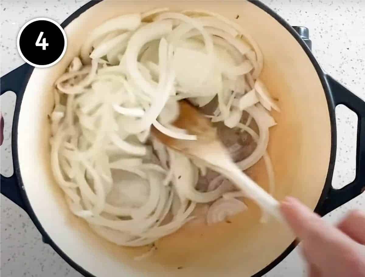 Frying onion with whole spices for Rajasthani Laal Maas