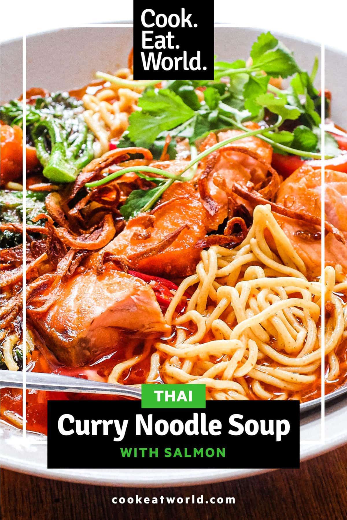 A bowl of Thai Curry Noodle Soup with Salmon