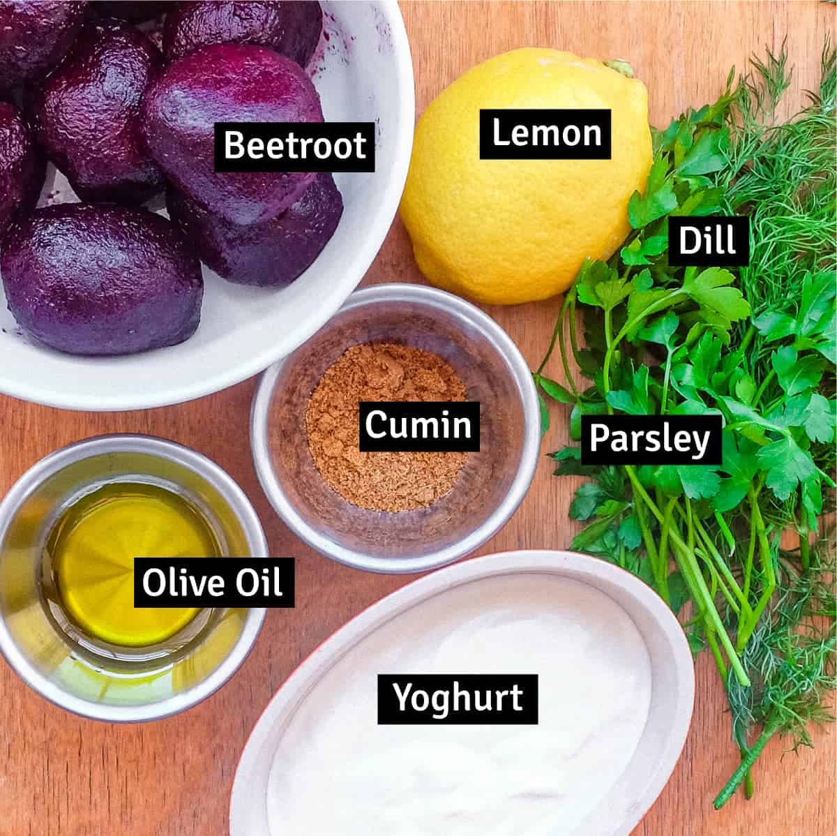 The ingredients for Turkish Beetroot & Yoghurt Dip.