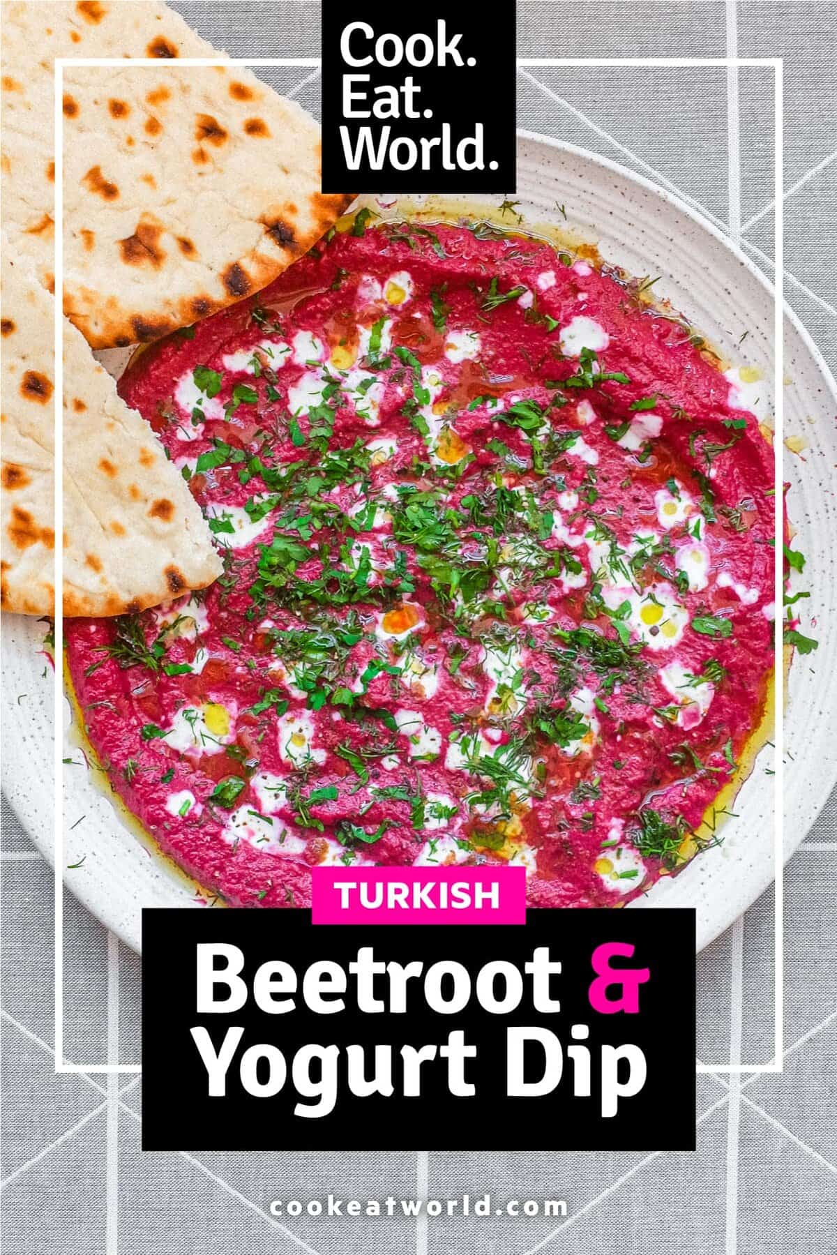 A bowl of beetroot dip scattered with herbs and yoghurt, served with flatbreads