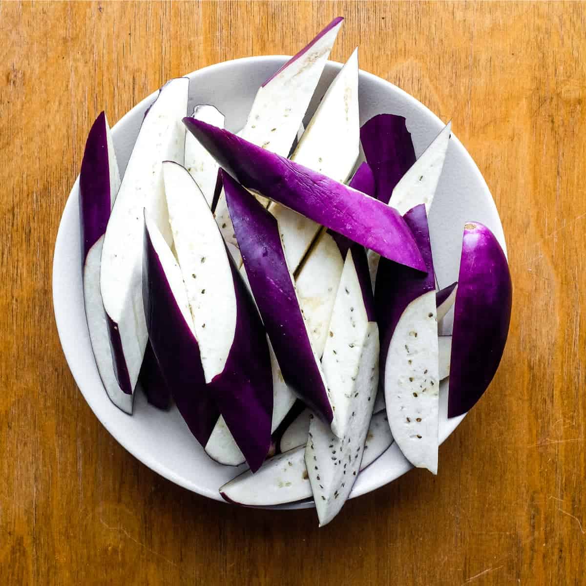 Chinese eggplant cut into long, thick batons.