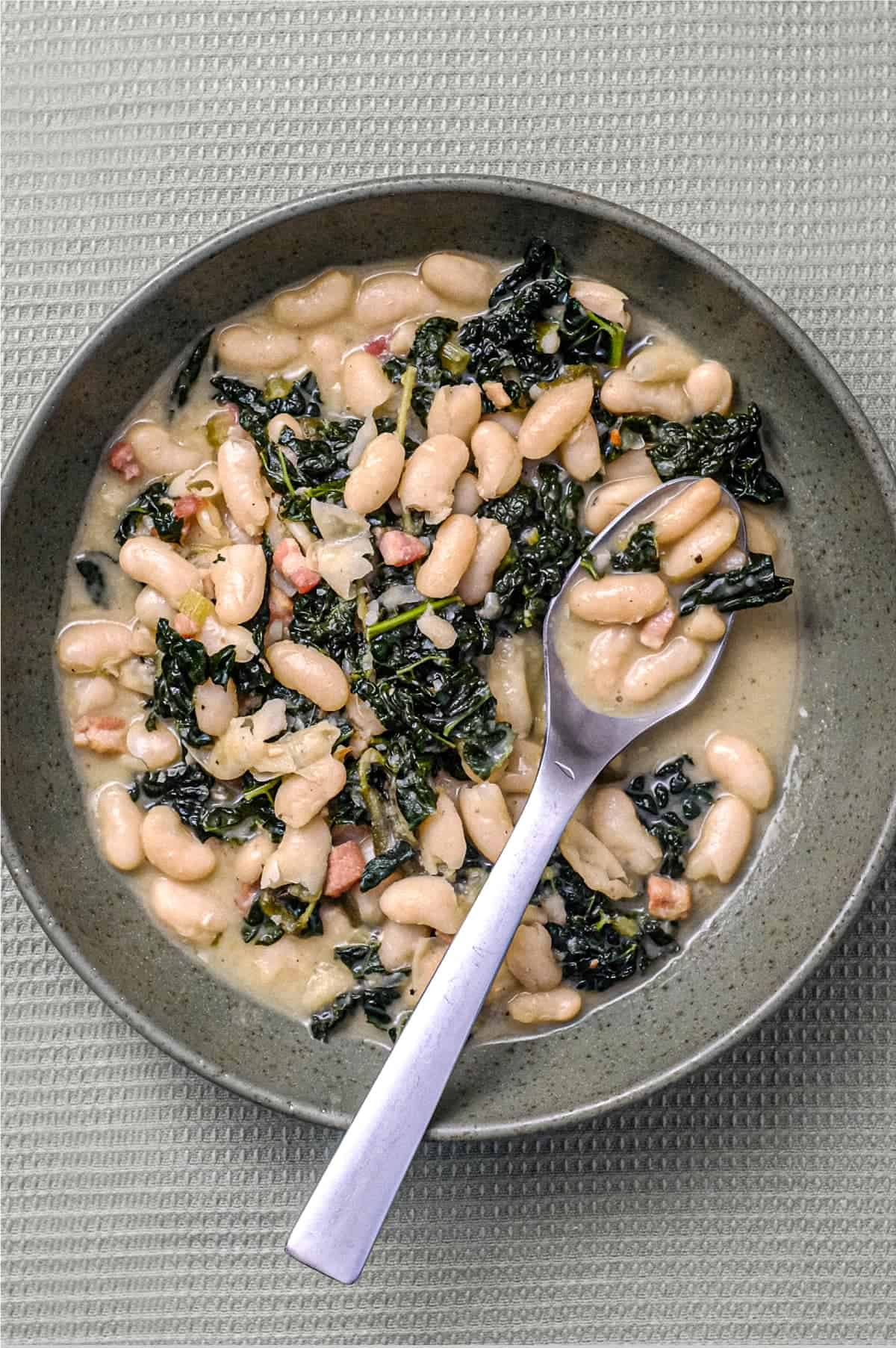 A bowl of Tuscan Beans with pancetta and cavolo nero cabbage in a bowl with a spoon