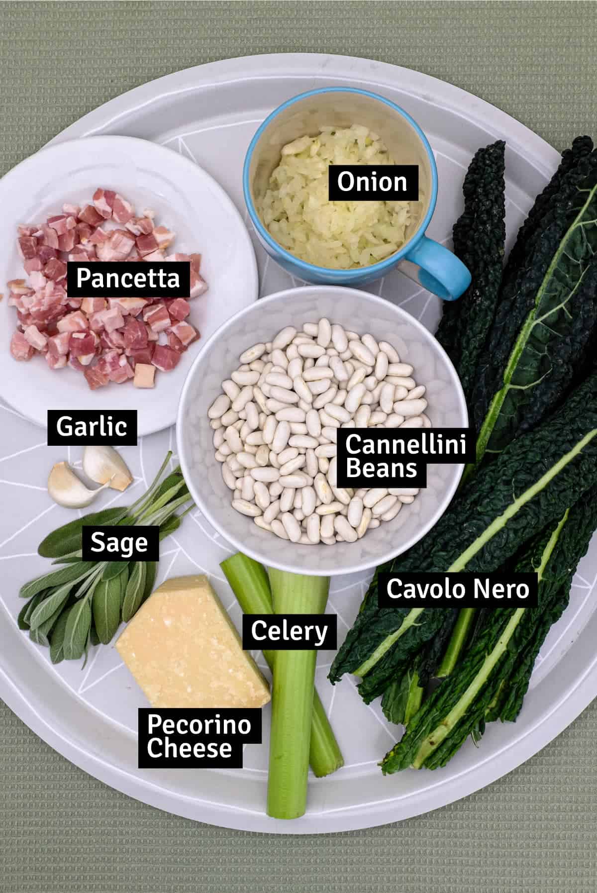 The ingredients for Tuscan Beans with Pancetta and Cavolo Nero.