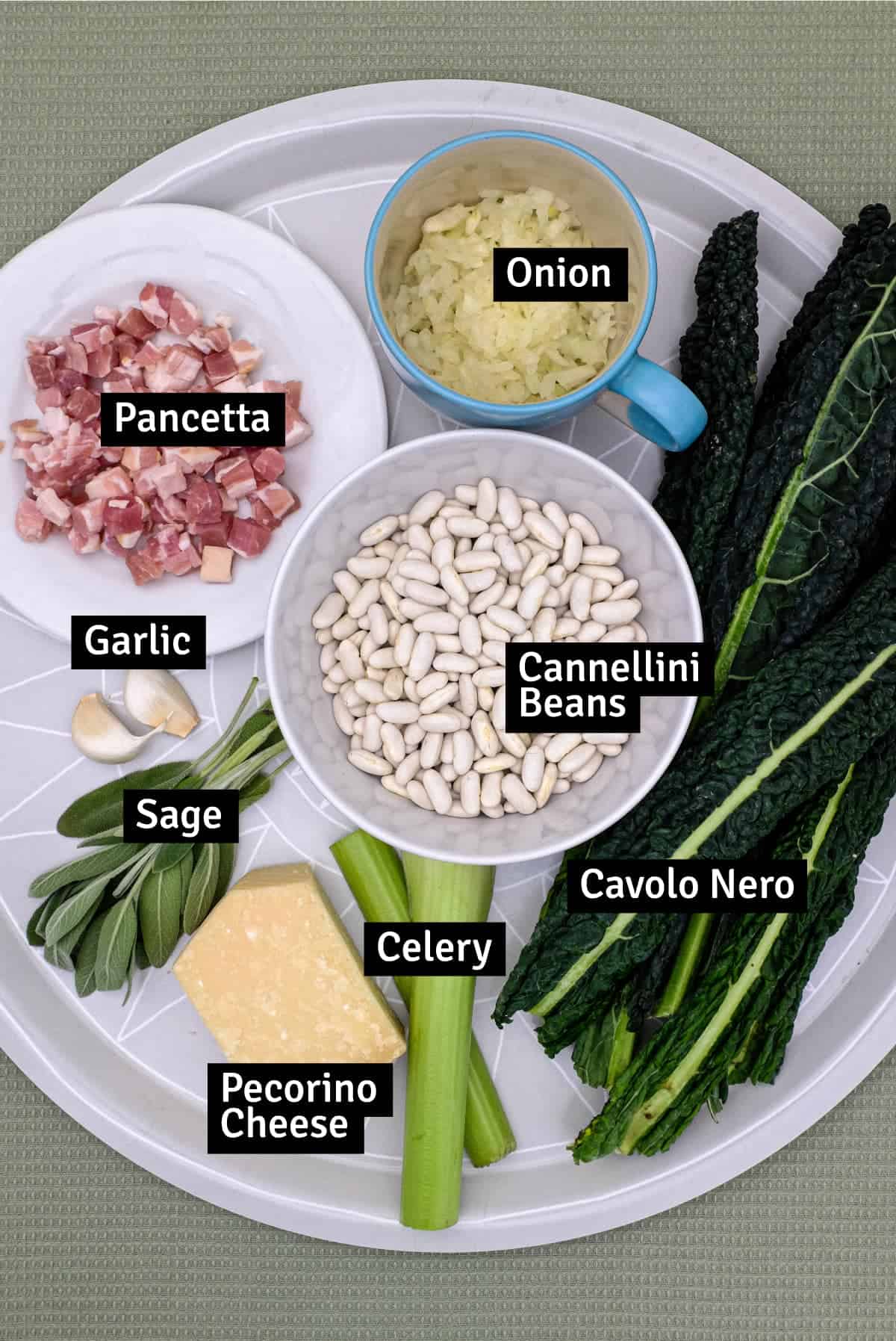 The ingredients for Tuscan Beans with Pancetta and Cavolo Nero.