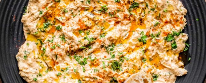 A plate of Turkish Circassian Chicken with two slices of toasted crusty bread