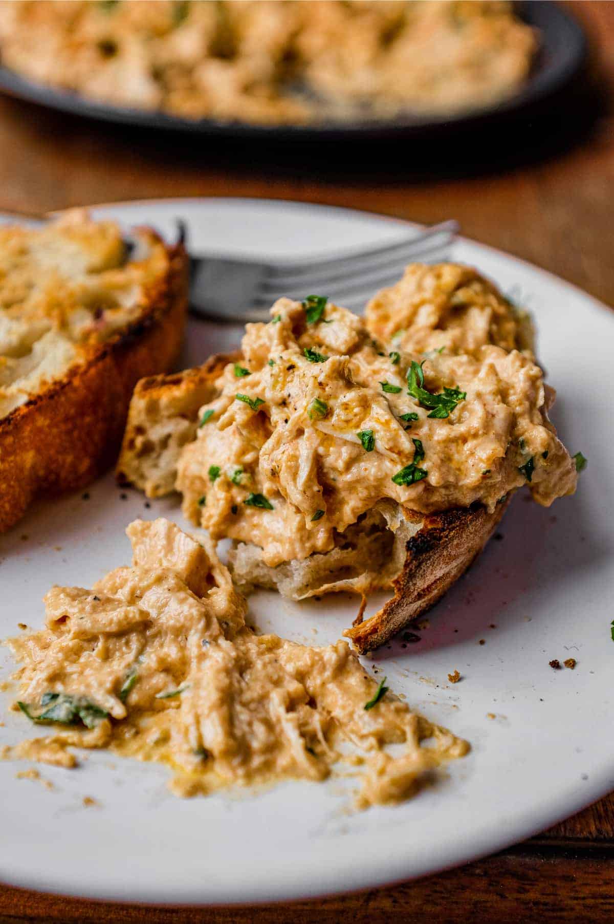 A slice of crusty bread topped with Turkish Circassian Chicken