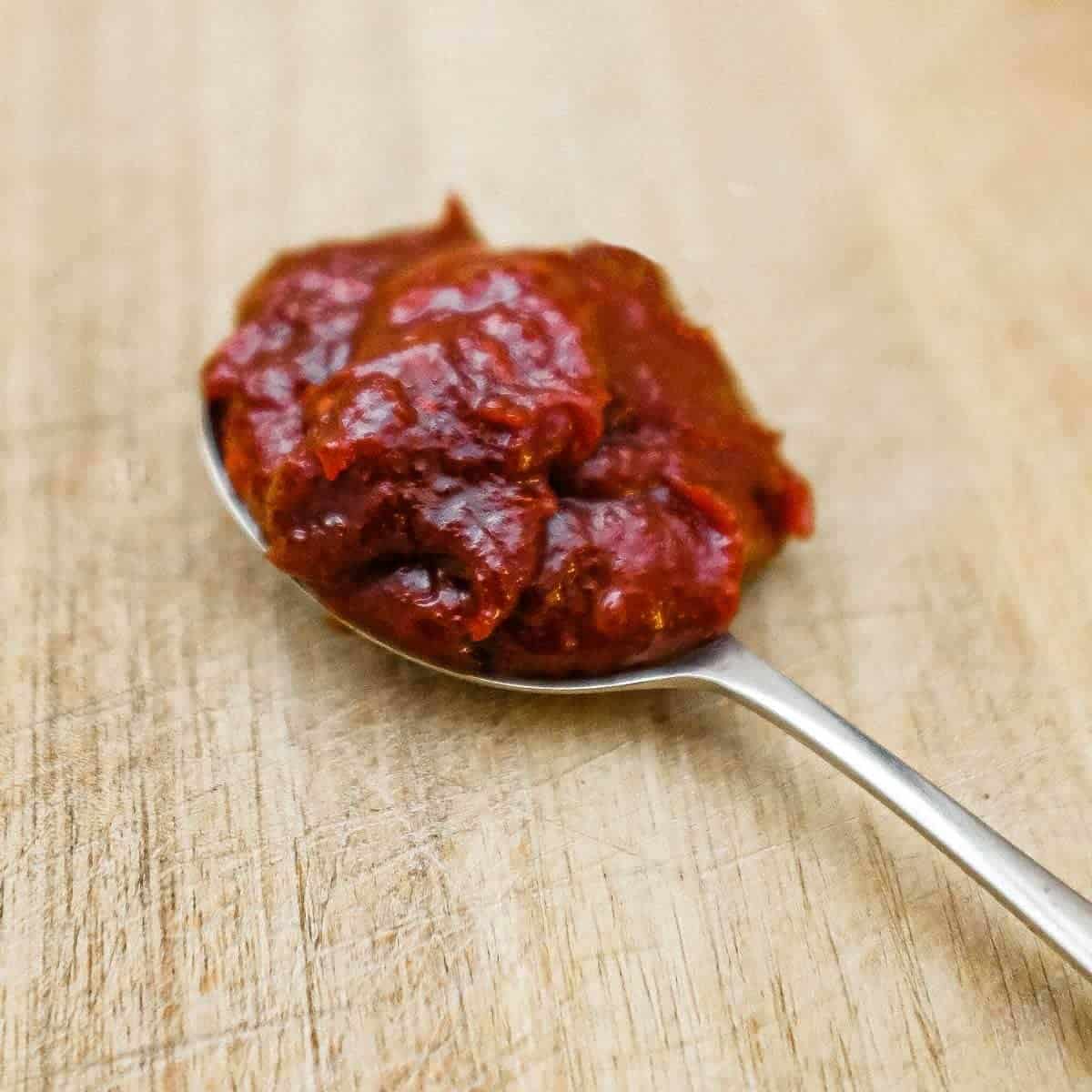 A spoon holding Korean gochujang sauce