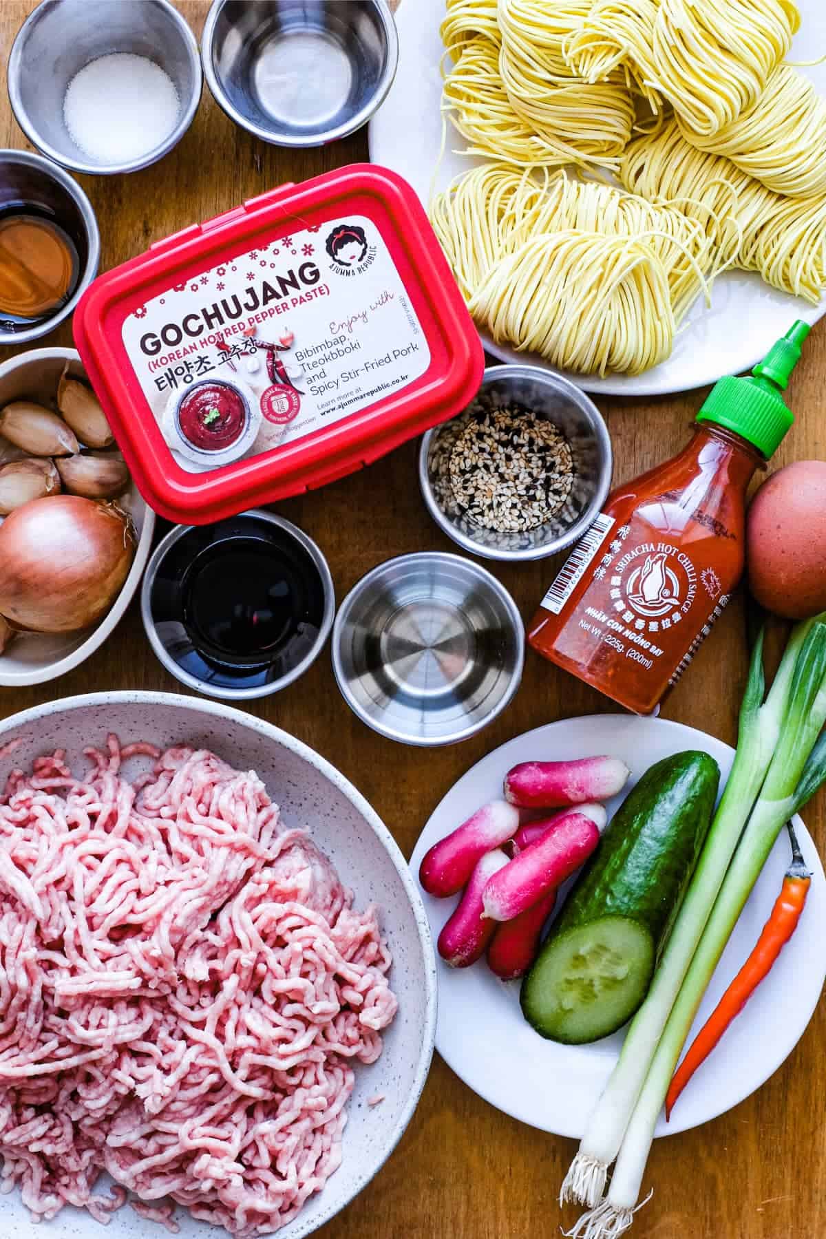 The ingredients for Korean Gochujang Noodles with Pork