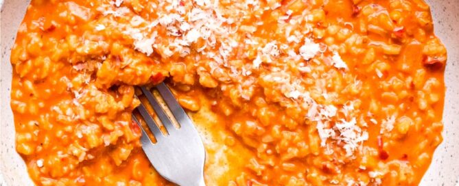 A bowl of Italian nduja risotto scattered with cheese. A fork sits alongside the bowl