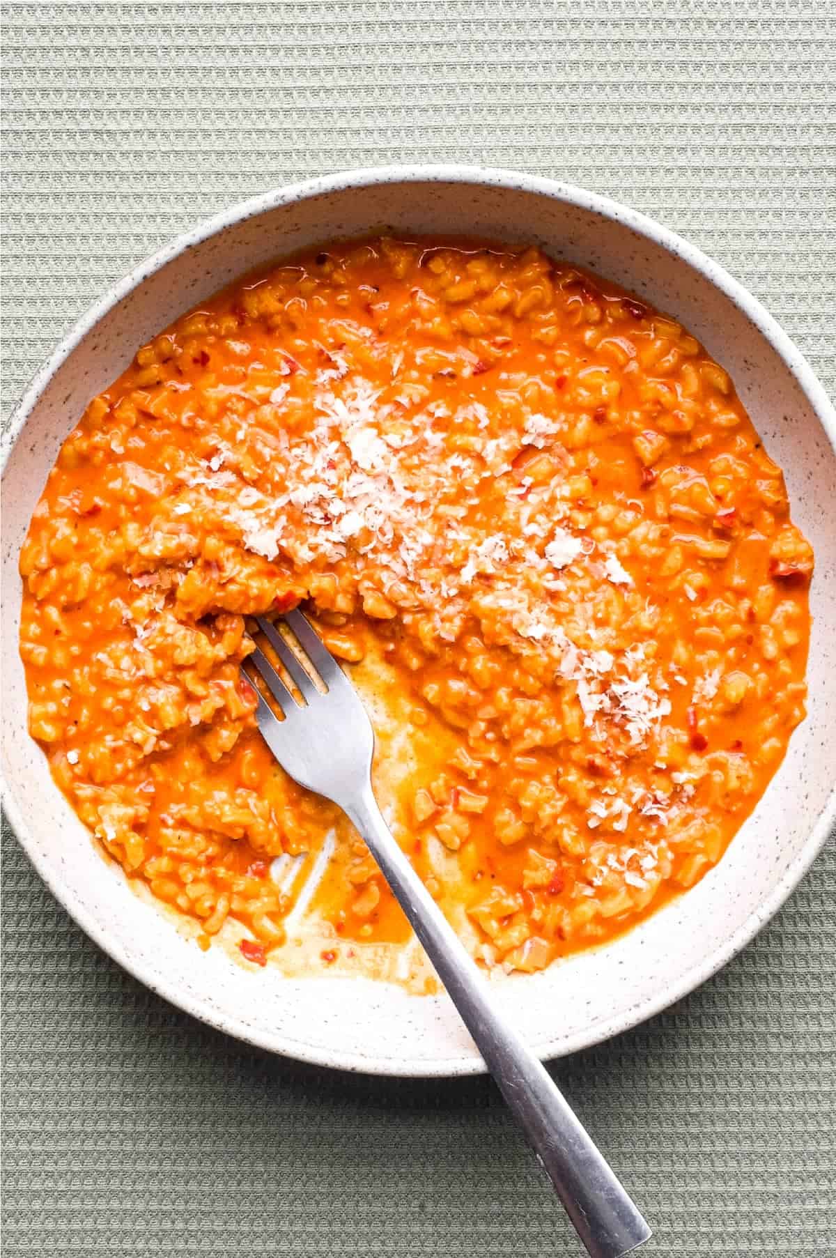 A bowl of Italian nduja risotto scattered with cheese. A fork sits alongside the bowl