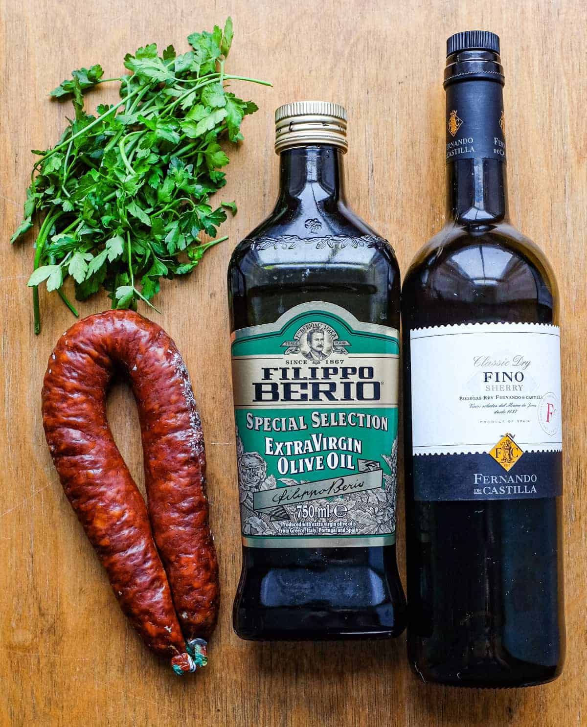 The Ingredients for Chorizo Tapas; chorizo, olive oil, fino sherry and parsley
