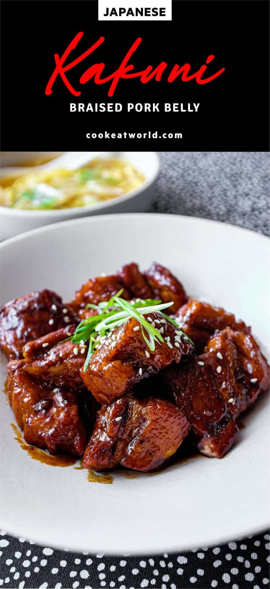 A bowl of Buta Kakuni (Japanese braised pork) with a bowl of noodle soup in the background