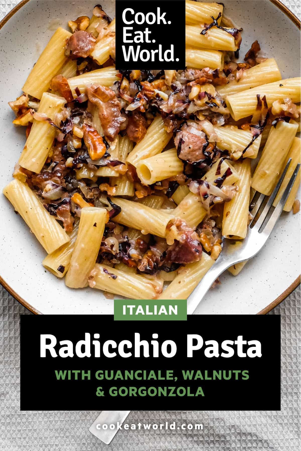 A bowl of rigatoni pasta with a radicchio, walnut and guanciale sauce in a bowl with a fork