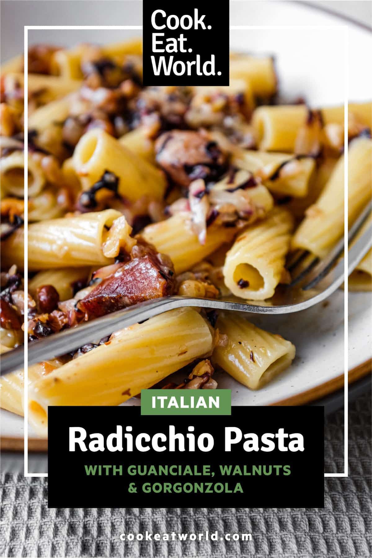 A bowl of rigatoni pasta with a radicchio, walnut and guanciale sauce in a bowl with a fork