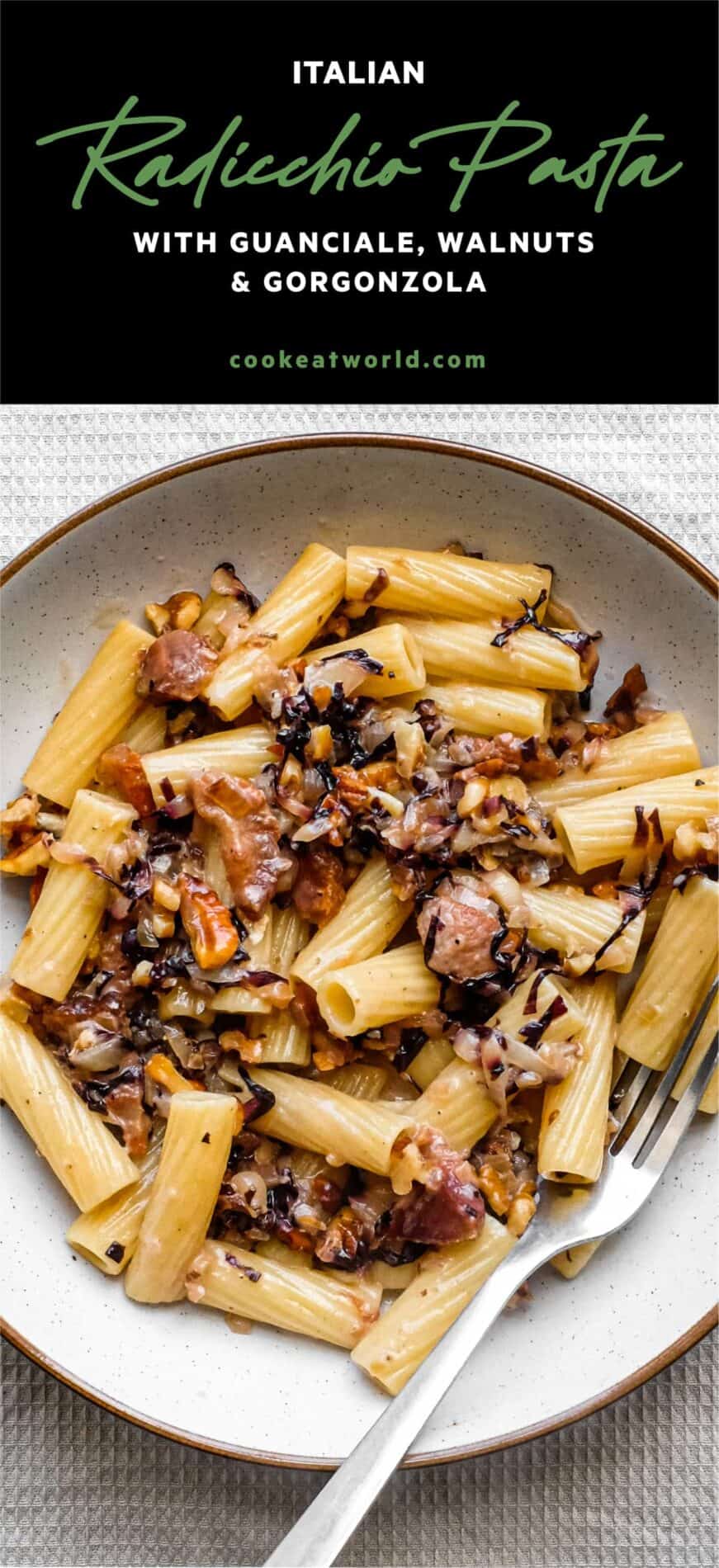 A bowl of rigatoni pasta with a radicchio, walnut and guanciale sauce in a bowl with a fork