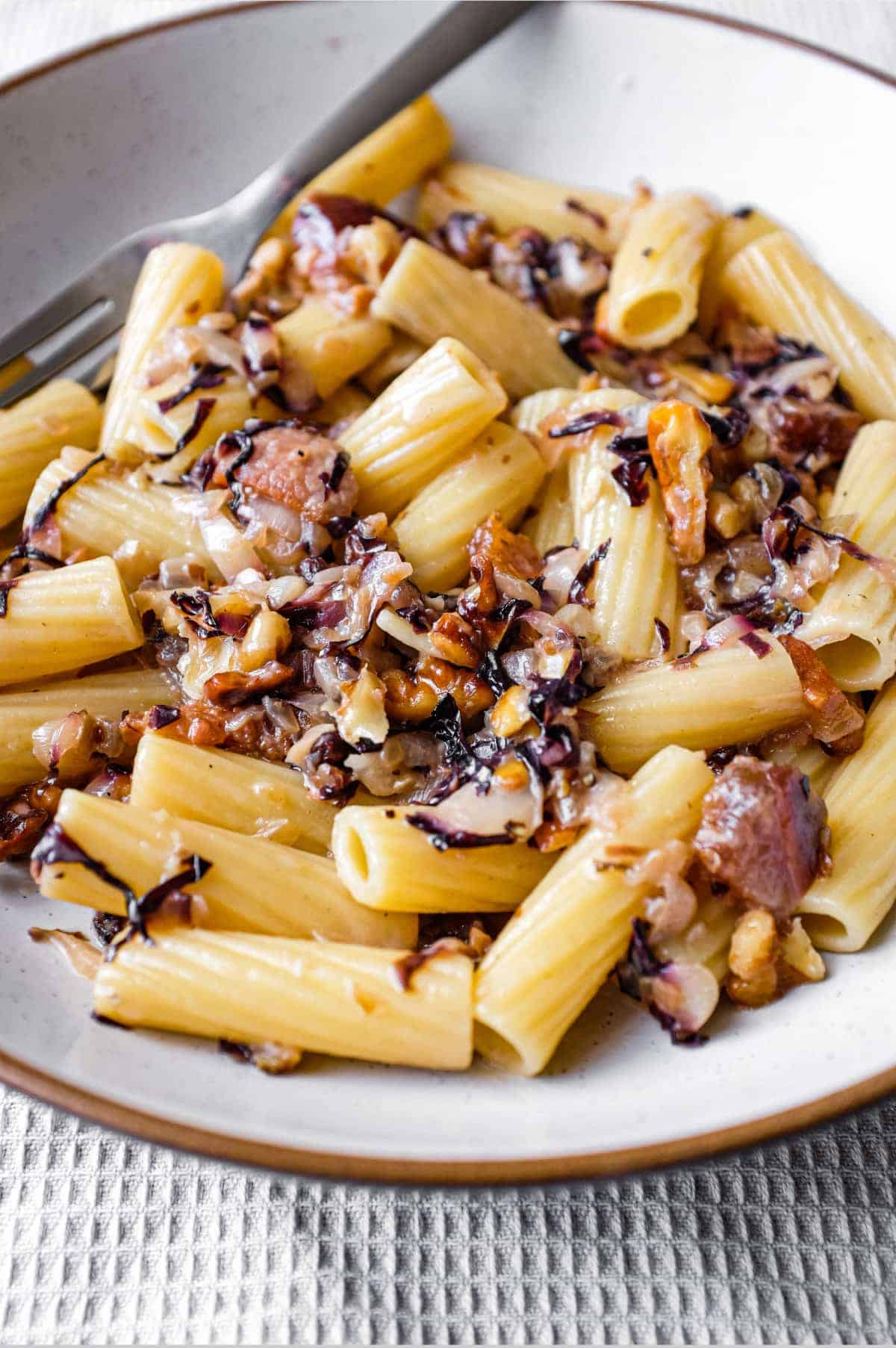 A bowl of rigatoni pasta with a radicchio, walnut and guanciale sauce in a bowl with a fork