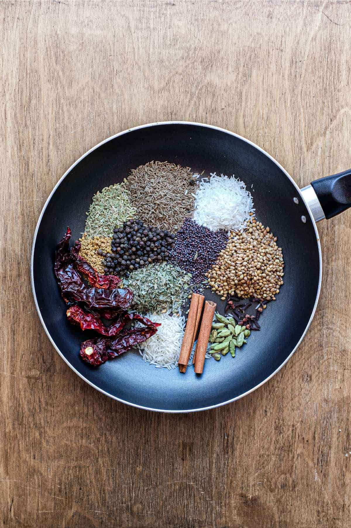 A pan with whole spices including coriander seeds, fennel, cinnamon, rice, chillies, cumin, fenugreek, coconut and more