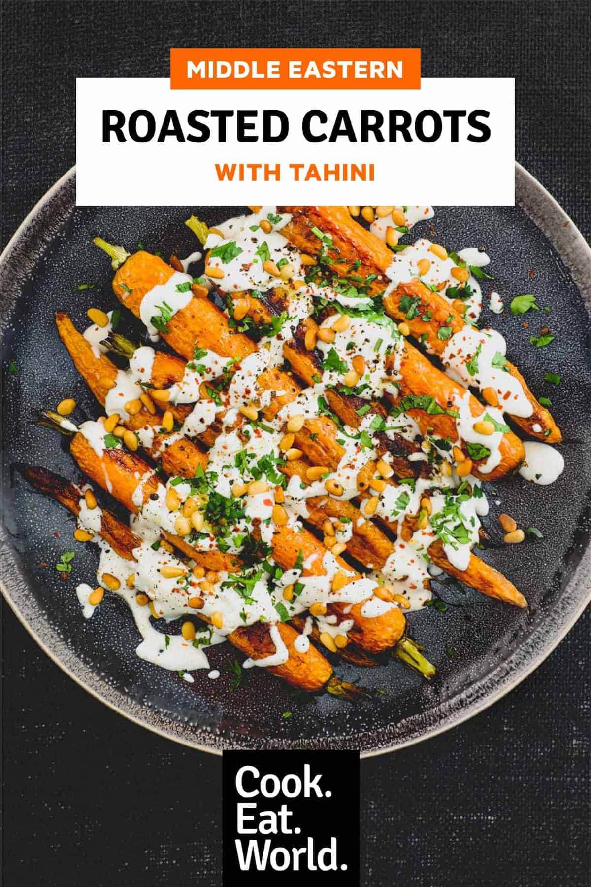 Roasted carrots topped with a tahini & yoghurt sauce, toasted pine nuts and fresh herbs