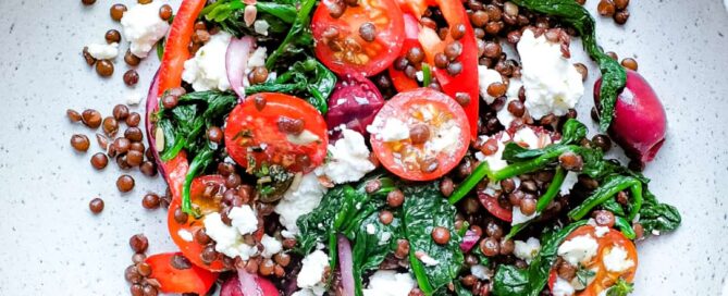 protein rich lentil salad with mediterranean vegetables and feta cheese