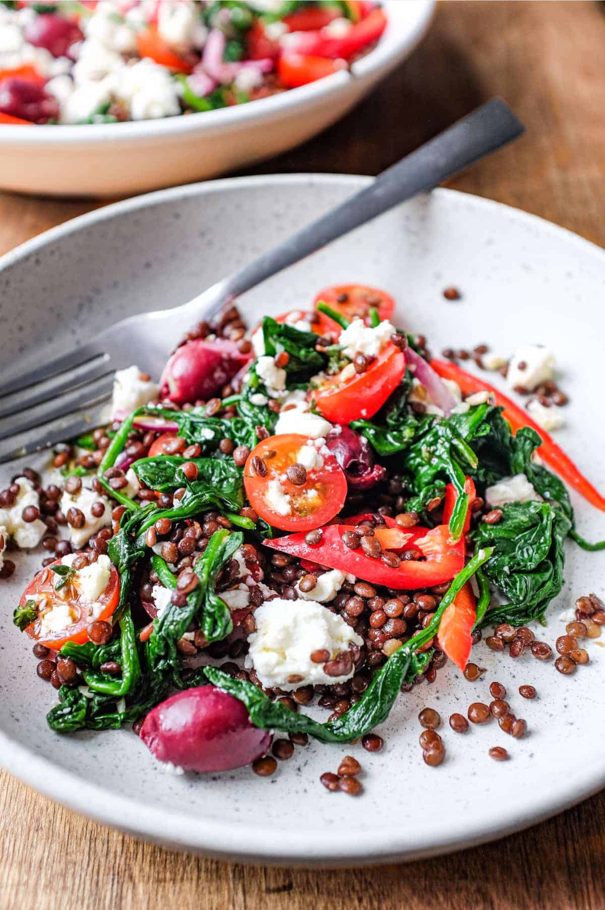 A bowl of Greek lentil salad featuring tomatoes, spinach, lentils, feta and red onion with a fork