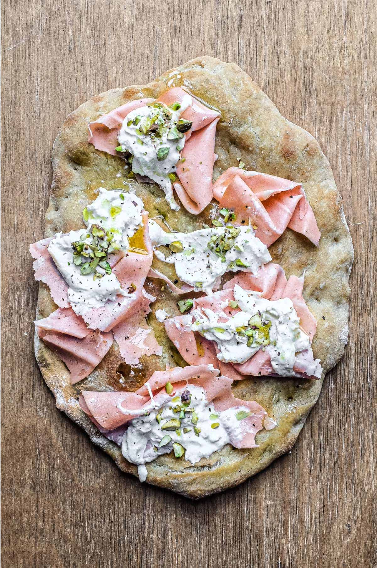 A Mortadella, Burrata and Pistachio Pinsa