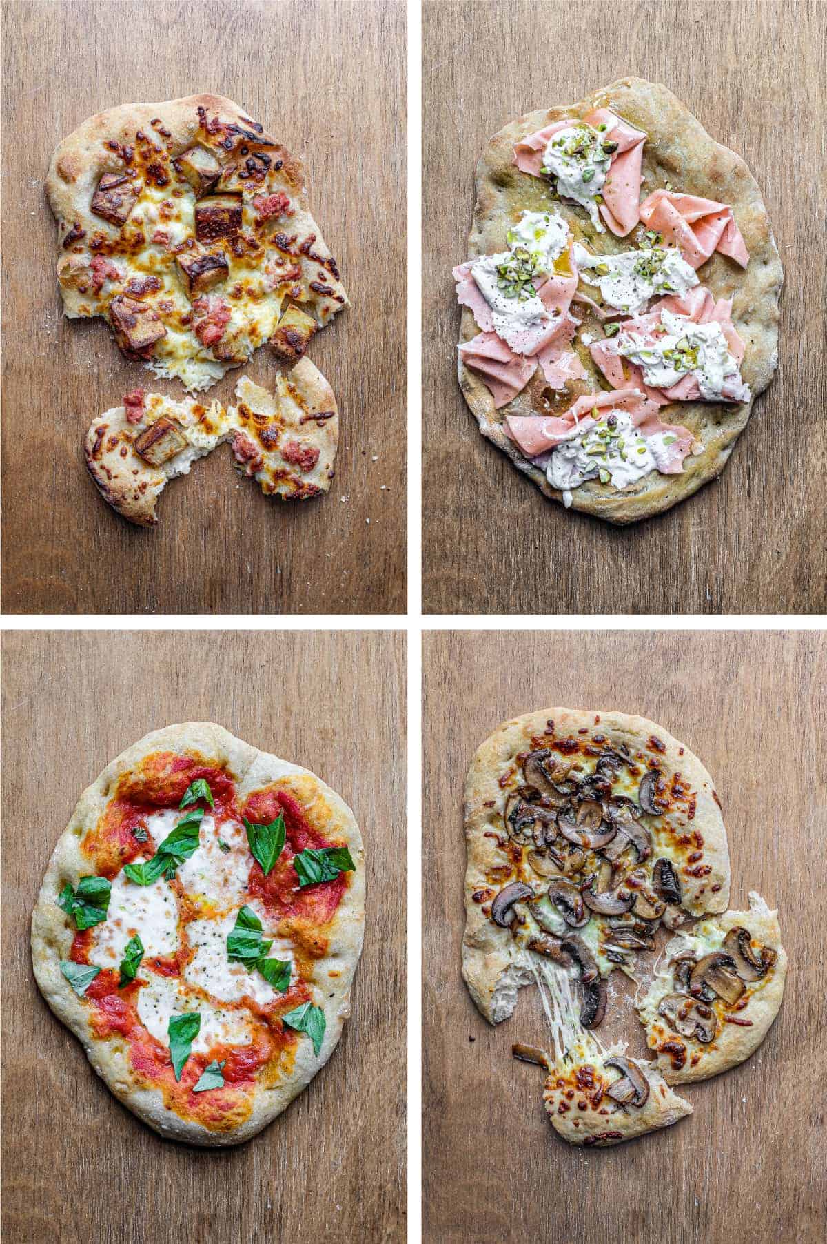 Four Pinsa Romana (clockwise from top right): Mortadella, Burrata & Pistachio, Mushroom, Tomato, Mozzarella & Basil and Potato & Sausage.