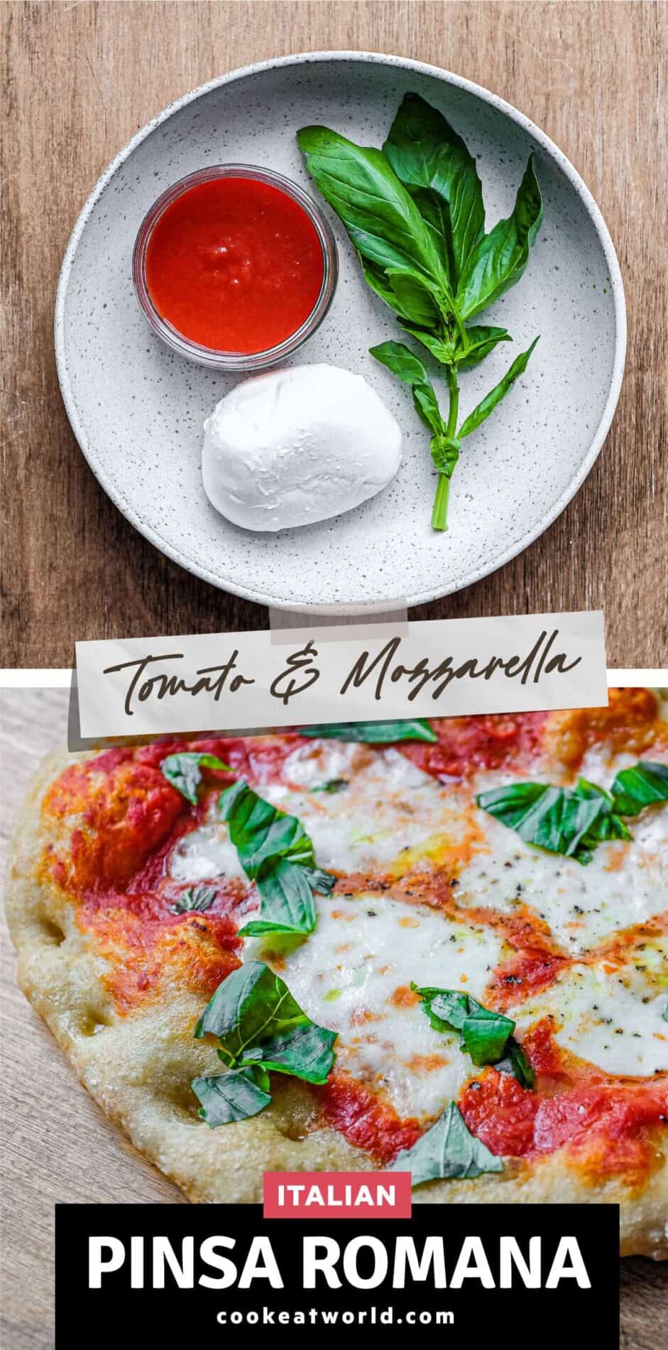 Top Picture: A bowl with mozzarella, tomato passata and fresh basil. Bottom Picture: A tomato, Mozzarella and Basil Pinsa.