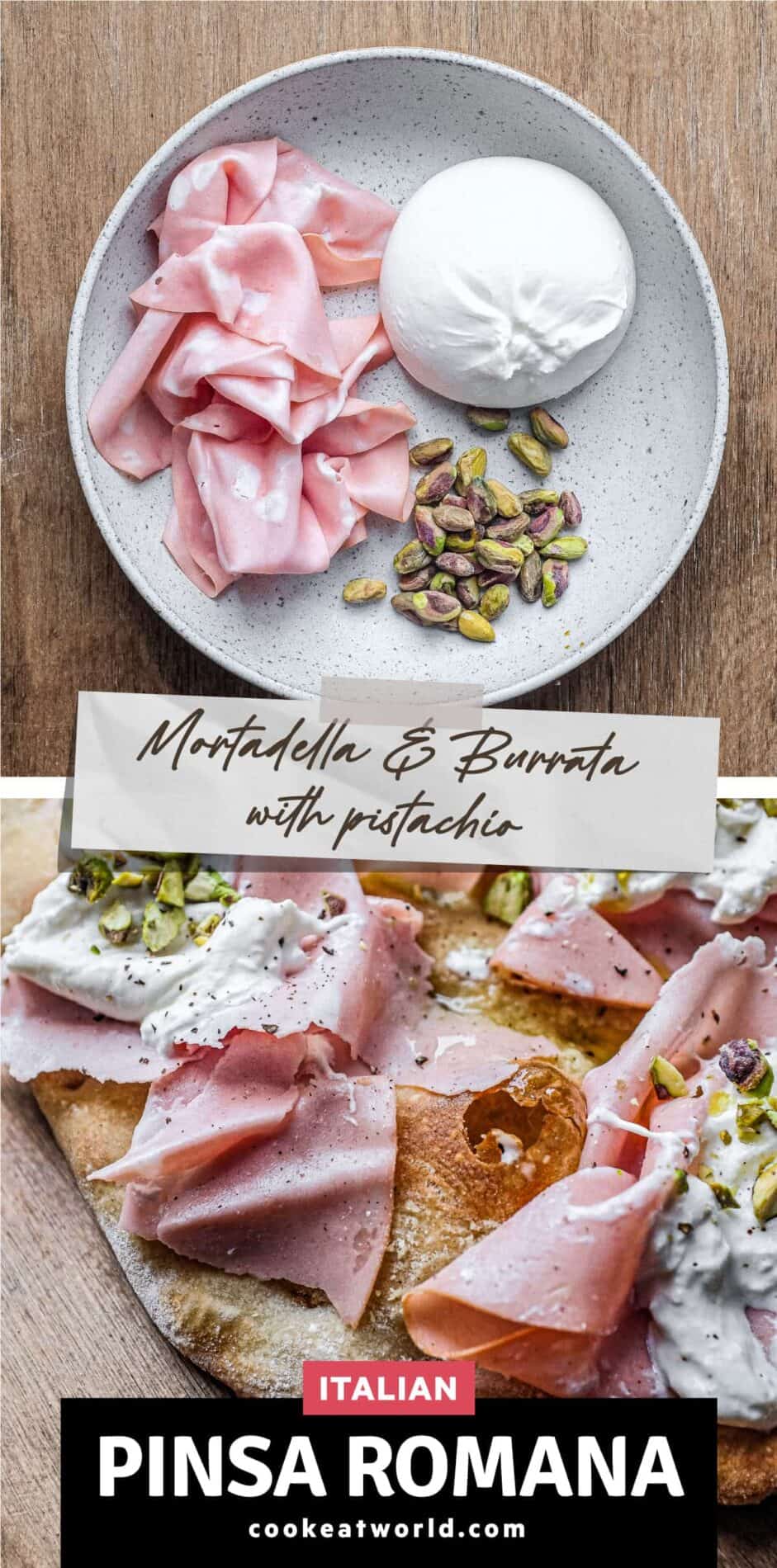 Top picture: a bowl of mortadella ham, burrata and pistachio nuts. Bottom picture: A pinsa with Mortadella, burrata and chopped pistachio.