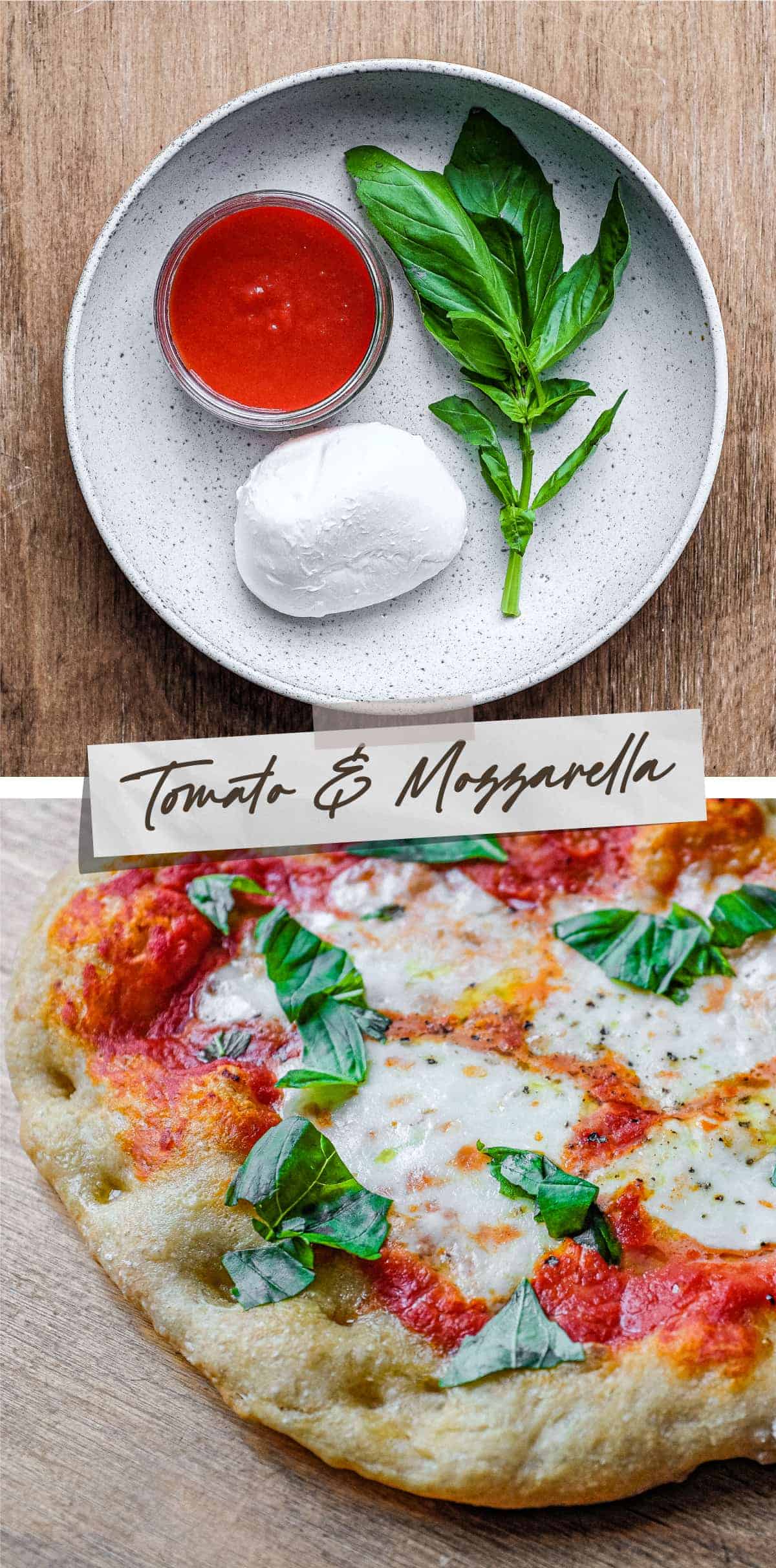 Top Picture: A bowl with mozzarella, tomato passata and fresh basil. Bottom Picture: A tomato, Mozzarella and Basil Pinsa.
