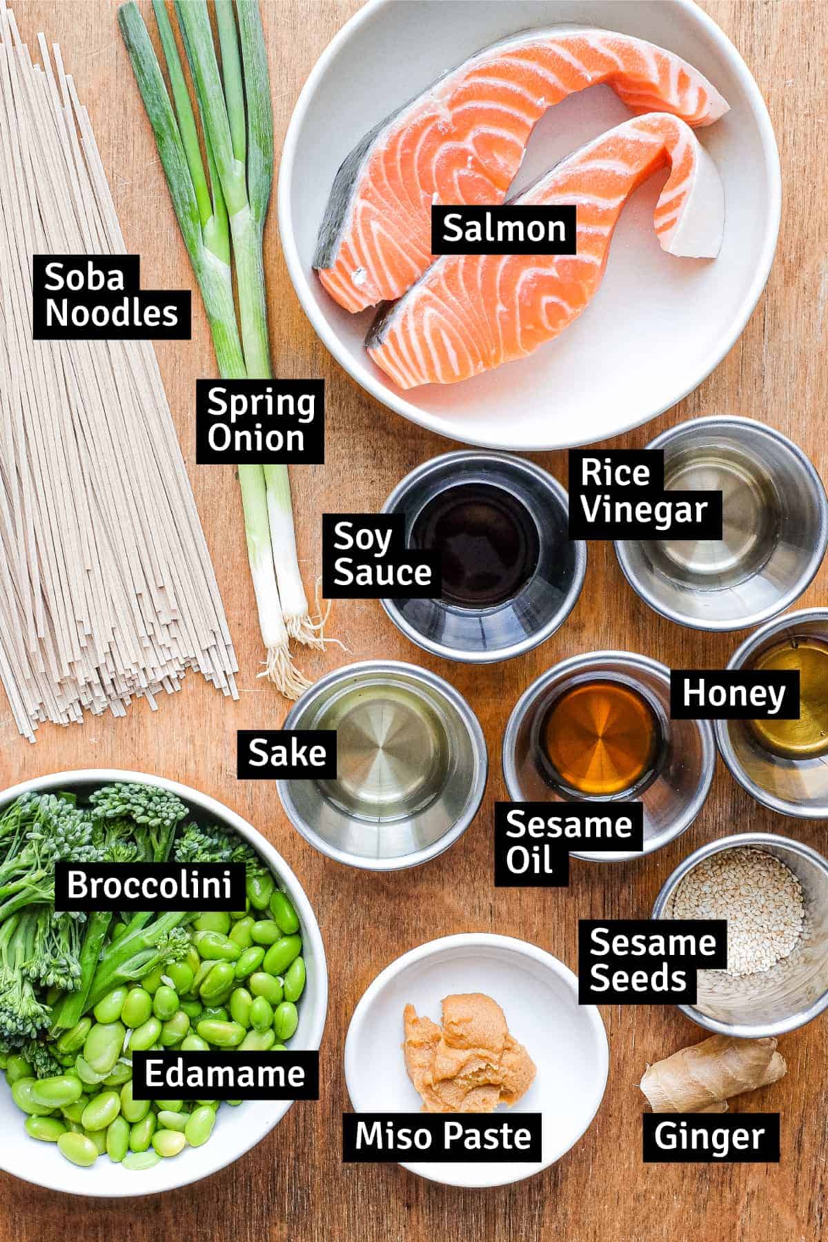 The ingredients for A Japanese salmon soba noodle bowl.